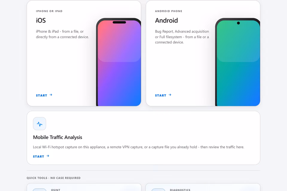 SectraTEK Lite launch screen: examination cards for iPhone and iPad and for Android phones, and the full-width Mobile Traffic Analysis card below them.