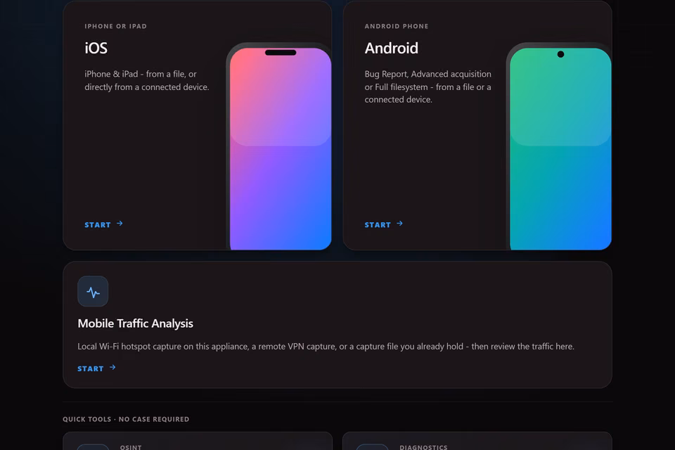 SectraTEK Lite launch screen: examination cards for iPhone and iPad and for Android phones, and the full-width Mobile Traffic Analysis card below them.