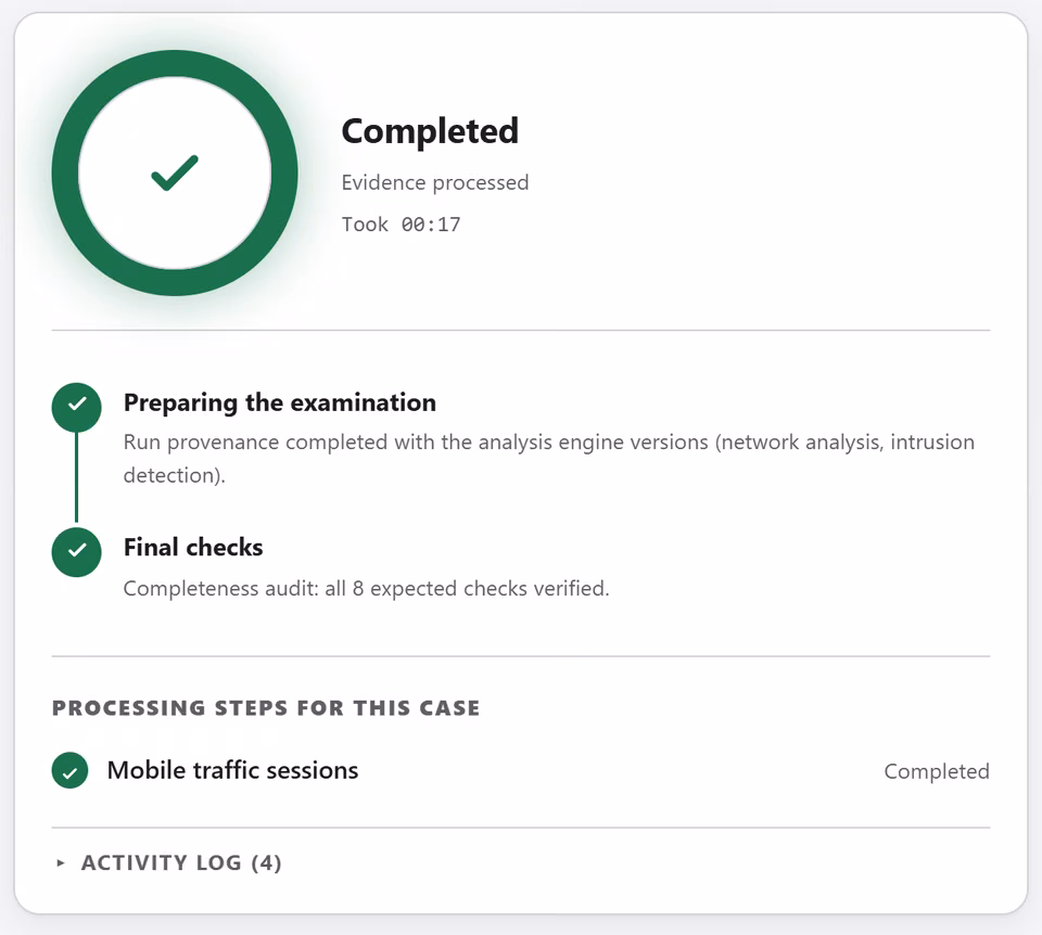 SectraTEK Lite processing screen of a demonstration mobile traffic case: completed in seventeen seconds, each step of the examination checked off, and the processing steps for the case.