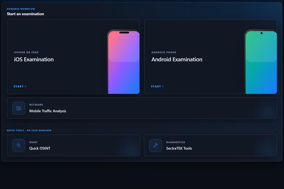 SectraTEK Full home screen: the iOS and Android examination cards, the Mobile Traffic Analysis card, and the quick tools.
