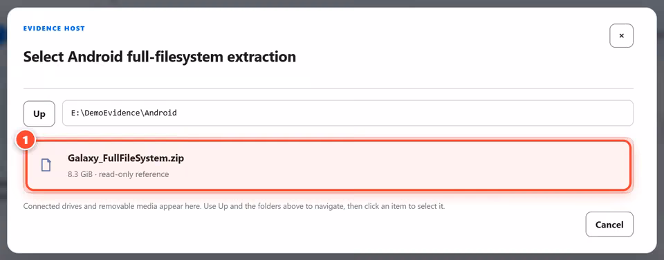 Browse to the extraction. Pick the archive in the evidence browser. SectraTEK references it in place and opens it read-only. 1 red numbered mark points to: Select the extraction archive.