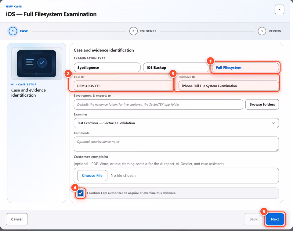 Describe the case. Pick Full Filesystem, enter a case ID and an evidence ID, then confirm you are authorized to examine this evidence. 5 red numbered marks point to: Full Filesystem; Case ID; Evidence ID; Confirm authorization; Continue.