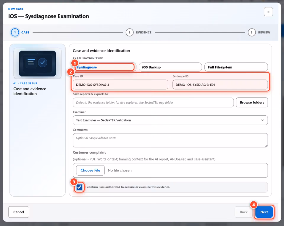 Enter the case details. Pick Sysdiagnose, then give the case and evidence IDs. Confirm you are authorized to examine the evidence. 4 red numbered marks point to: Examination type: Sysdiagnose; Case and evidence IDs; Authorization; Continue.