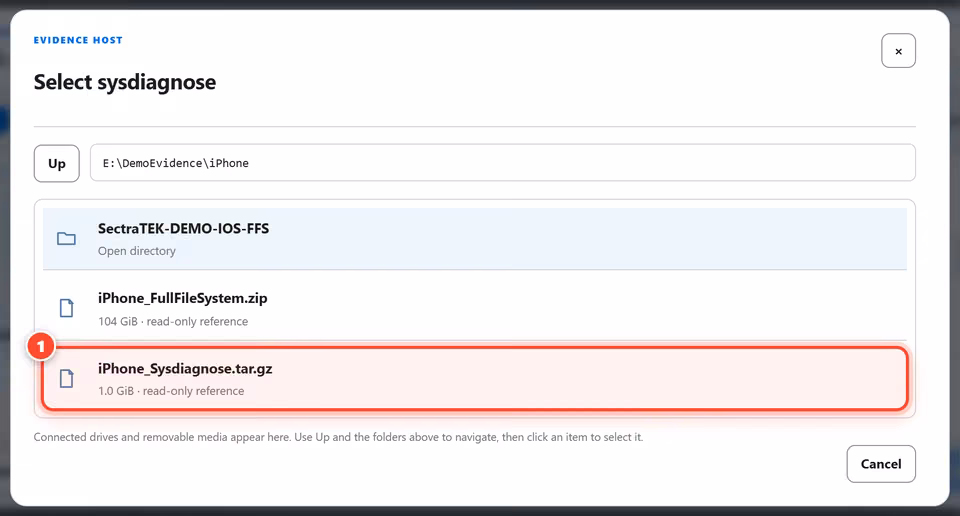 Pick the archive. Browse the evidence host and choose the sysdiagnose archive. Its size is shown before you commit. 1 red numbered mark points to: Choose the sysdiagnose.