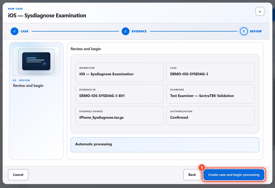Review and begin. Check the summary, then start. The examination runs automatically from here. 1 red numbered mark points to: Create case and begin processing.