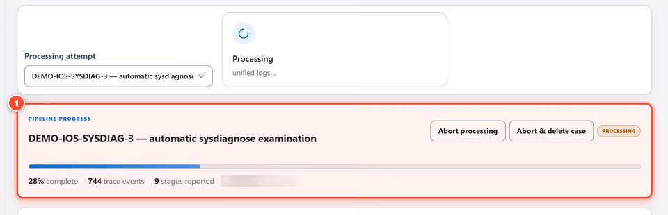 Watch it work. Live progress shows each stage as the archive is verified, decoded and analyzed. You can keep working meanwhile. 1 red numbered mark points to: Live pipeline progress.