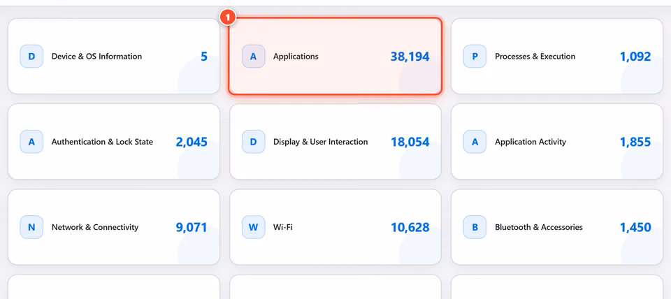 Explore analyzed data. Observations are sorted into plain-language categories so you can go straight to apps, Wi-Fi, security and more. 1 red numbered mark points to: Open a category.