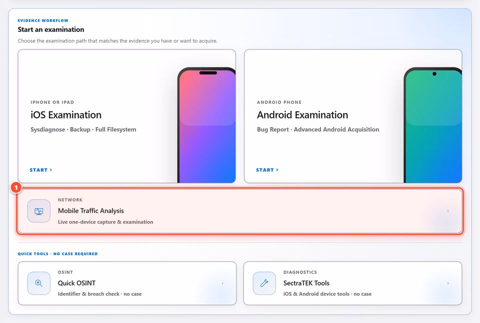 Choose Mobile Traffic Analysis. From Home, select Mobile Traffic Analysis in the Network row. Every examination begins here. 1 red numbered mark points to: Choose Mobile Traffic Analysis.