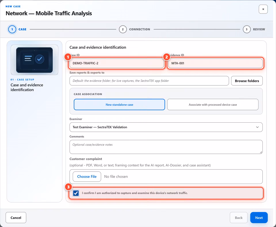 Enter the case details. Give the case and evidence item their identifiers, then confirm you are authorized to examine this traffic. 3 red numbered marks point to: Enter the case ID; Name the evidence item; Confirm authorization.