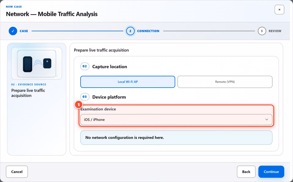 Select the device type. Tell SectraTEK whether the recording came from an iPhone or an Android device. To import a capture you already have, no network setup is needed. 1 red numbered mark points to: Select the device type.