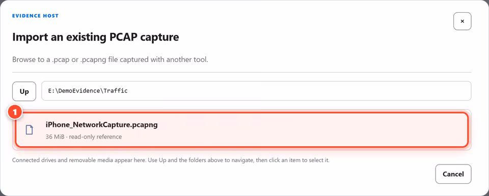 Select the capture file. Navigate the evidence drive and click the capture. SectraTEK references the file where it is stored and opens it read-only. It is not copied. 1 red numbered mark points to: Select the capture file.