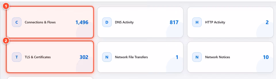 Explore the analyzed data. Analyzed Data sorts the capture into network categories, such as connections and flows, DNS activity, HTTP activity and TLS and certificates. Each shows a count. Open one to read its rows and search it. 2 red numbered marks point to: Connections and flows; TLS and certificates.