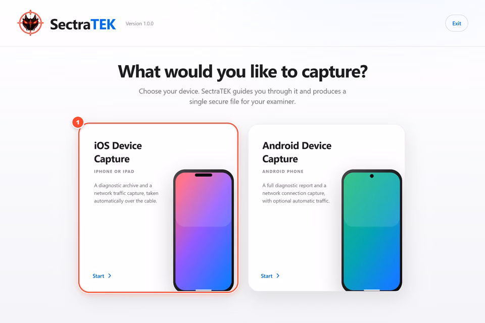 Choose iOS Device Capture. Open SectraTEK Quick Capture. For an iPhone or iPad, choose iOS Device Capture on the home screen. 1 red numbered mark points to: Choose iOS Device Capture.