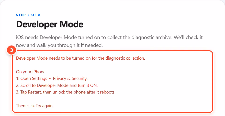 Choose a folder, check Developer Mode. Pick where the final file will be saved. Quick Capture then checks Developer Mode and shows the exact steps if it needs turning on. 3 red numbered marks point to: Choose folder; Your save location; Developer Mode steps, if needed.
